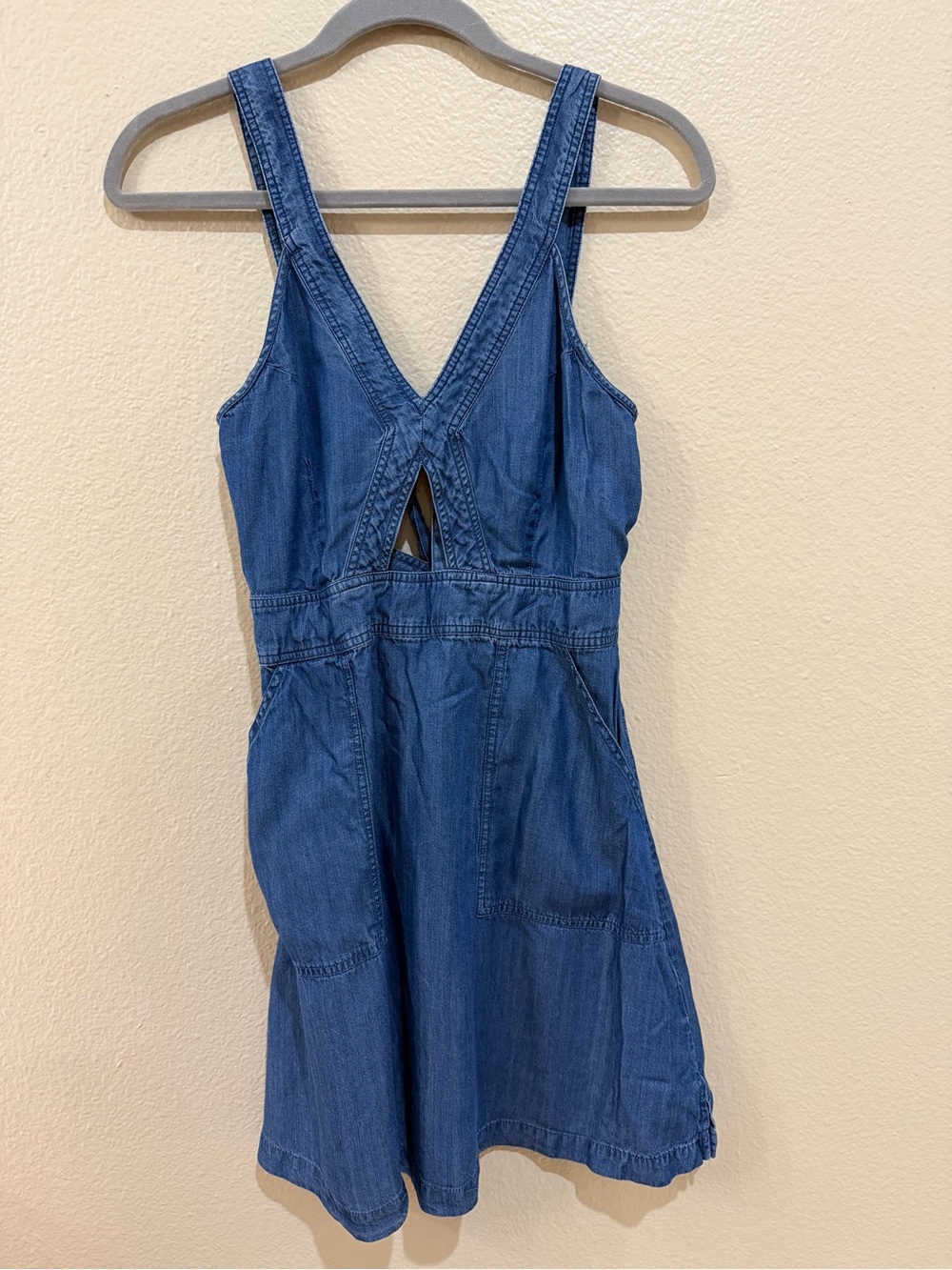 Ethereal Tencel Denim Cutout Mini Dress Size S Blue V-Neck Tie Waist Pockets